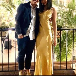 Gold Satin Cowl Neck Maxi Slip Dress - Size XS